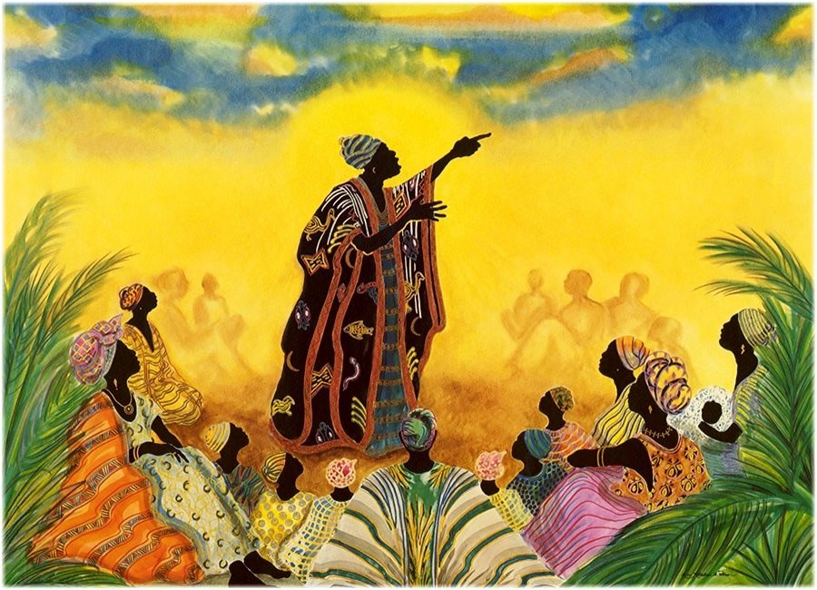 Painting of a storyteller in Africa